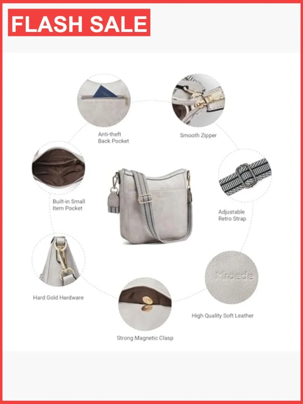Vegan Leather Hobo Crossbody Bag with Adjustable Strap, Multi-Pockets, Zip